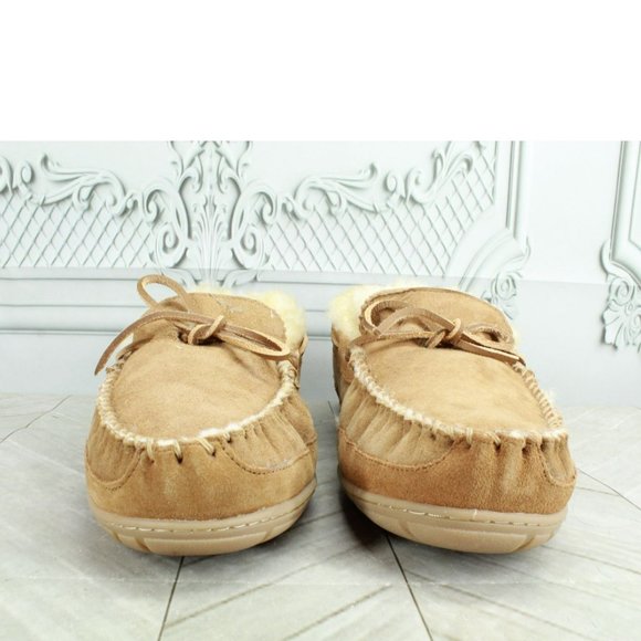 LL Bean Brown Suede Wicked Good Shearling Lined Moccasin Slippers Size 13 M - Picture 4 of 9